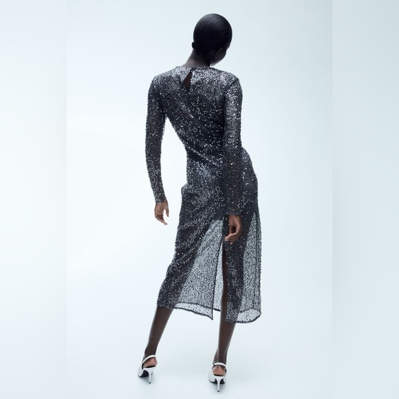 H&M sequin net dress dark gray midi size Small - Picture 4 of 6